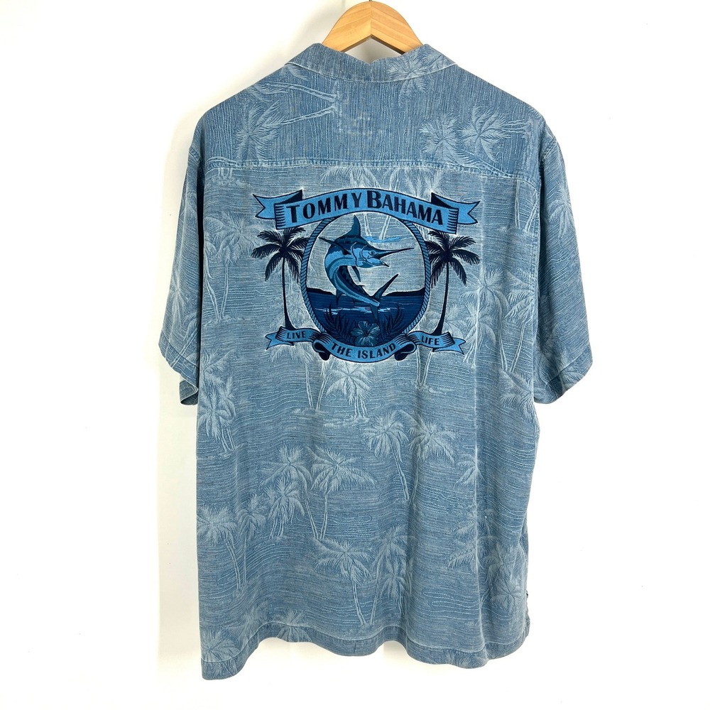 Tommy Bahama Mens XXL Blue Silk Palm Tree Marlin Embroidered Camp Shirt